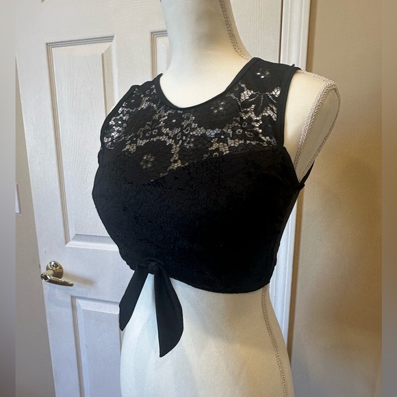 Black Lace Tie-Front Sheer Crop Bikini Swim Top Size Small - Picture 4 of 5